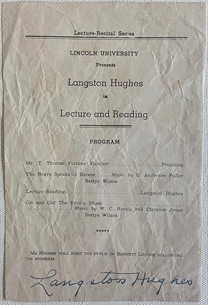Signed Langston Hughes Broadside, Advertising a Lecture and Reading at Lincoln University