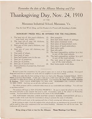 REMEMBER THE DATE OF THE ALLIANCE MEETING AND FAIR THANKSGIVING DAY, NOV. 24, 1910 AT THE MANASSA...