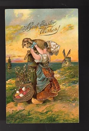 Antique Embossed Easter Greetings Postcard - Dutch Girl & Lamb