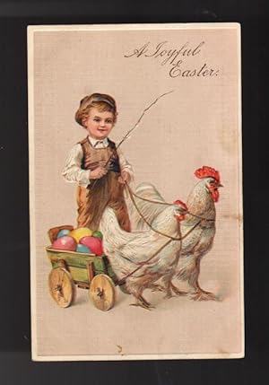 Embossed Easter Greetings Postcard - Chickens Pulling Egg Cart