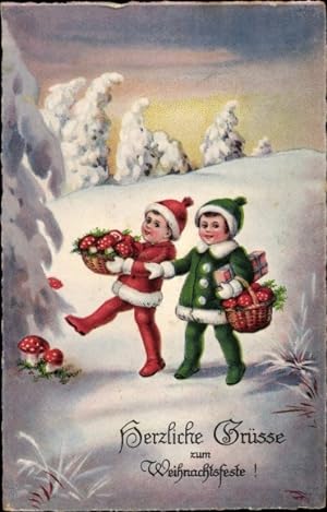 Ansichtskarte / Postkarte Glückwunsch Weihnachten, Zwei Kinder mit Körben mit Fliegenpilzen, Wint...