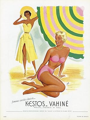 "KESTOS - VAHINÉ" Annonce originale entoilée parue dans PLAISIR DE FRANCE illustrée par EGO (1951)