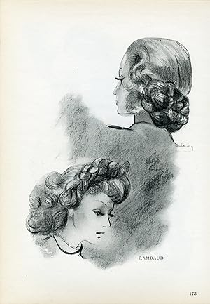 "COIFFURE RAMBAUD" Annonce originale entoilée parue dans PLAIRE illustrée par D. CARDA (1945)