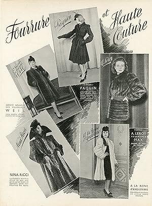 "FOURRURE et HAUTE COUTURE" Annonce originale entoilée parue dans L'ILLUSTRATION (1941)