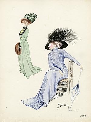 "DEUX ÉLÉGANTES en 1908" Aquarelle sur papier par DRIAN (Adrien ETIENNE)