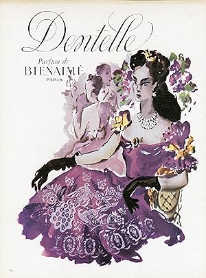 "DENTELLE : PARFUM BIENAIMÉ" Annonce originale entoilée parue dans PLAISIR DE FRANCE (1947)