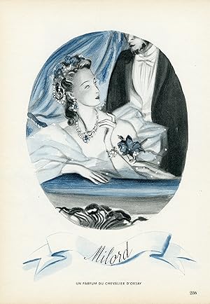 "MILORD PARFUM DU CHEVALIER D'ORSAY" Annonce originale entoilée parue dans PLAIRE (1944)