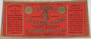 "LA DÉLICIEUSE (EAU DE FLEURS D'ORANGER)" Etiquette-chromo originale (entre 1890 et 1900)