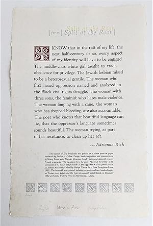ADRIENNE RICH BROADSIDE Split At The Root SIGNED by the POET & Both PRINTER-ARTISTS 1/50 PROOF COPY