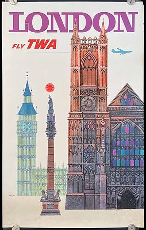 London. Fly TWA. LARGE VINTAGE COLOR TRAVEL POSTER.