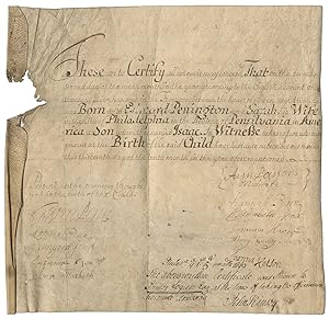 Pennsylvania Founder William Penn Signs Birth Certificate for Isaac Penington, a Member of His Ex...