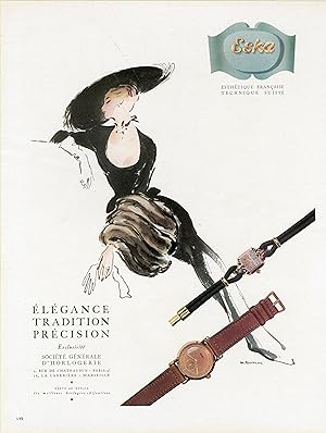 "MONTRES ESKA" Annonce originale entoilée illustrée par ROUSSEAU pour PLAISIR DE FRANCE (1947)