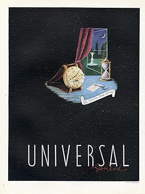 "MONTRE-CALENDRIER UNIVERSAL" Annonce originale entoilée / Pub. J. BROCHARD parue dans PLAISIR DE...