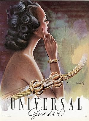 "UNIVERSAL GENÈVE" Annonce originale entoilée parue dans PLAISIR DE FRANCE illustrée par CHAMBELL...
