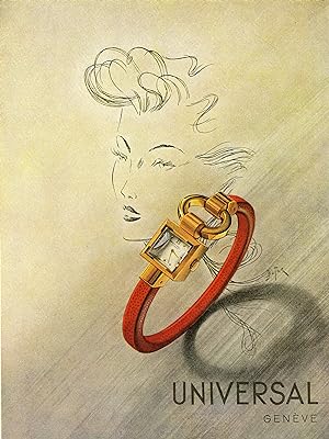 "UNIVERSAL GENÈVE" Annonce originale entoilée illustrée par Elizabeth SUTER pour PLAIRE (1945)