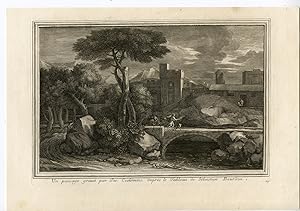 Antique Master Print-ARCADIAN LANDSCAPE-BRIDGE-CASTLE-Coelemans-Bourdon-1767
