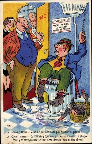 Ansichtskarte / Postkarte Mann in der Toilette steckengeblieben, Überschwemmung, Ente, Zimmermädchen
