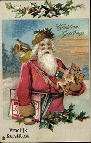 Präge Ansichtskarte / Postkarte Glückwunsch Weihnachten, Weihnachtsmann mit Geschenken, Stechpalm...
