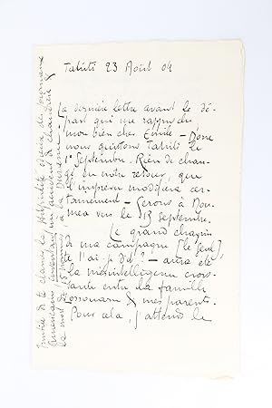 Lettre autographe signée adressée à Emile Mignard : "La dernière lettre avant le départ qui me ra...