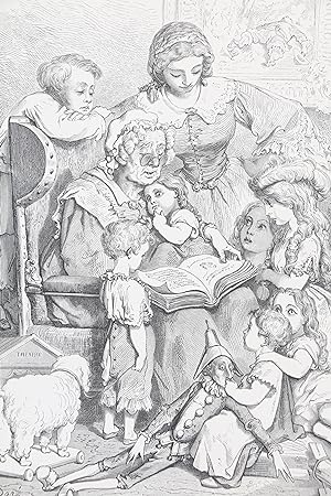 Charles Perrault, Contes, Frontispice, "La lecture des contes en famille" - Gravure originale sur...