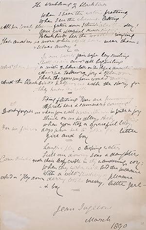 Autograph manuscript, signed ("Jean Ingelow"), a fair copy of his poem "The Warbling of Blackbirds"