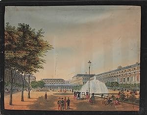 ILLUMINATED VUE d'OPTIQUE: LANDSCAPE VIEW OF PEOPLE IN A PARK WITH A FOUNTAIN AND MULTIPLE BUILDINGS