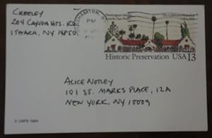 Handwritten Postcard Signed from Creeley to Poet Alice Notley dated January 19, 1985