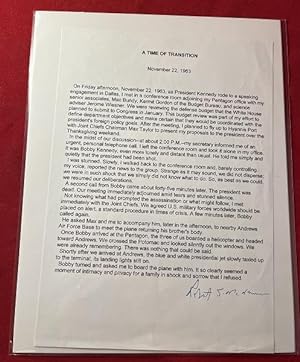 Signed Copy of Secretary of Defense Robert McNamara's "A Time of Transition" Memo
