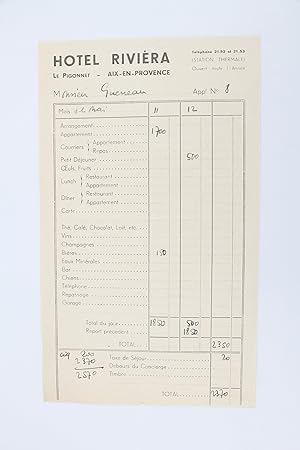 Note d'hôtel de Raymond Queneau de passage à Aix-en-Provence