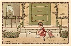 Künstler Ansichtskarte / Postkarte Jardens, B., Mädchen, Kaninchen, Puppe, Treppen