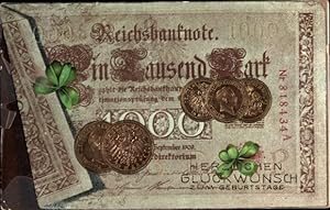 Präge Ansichtskarte / Postkarte Glückwunsch Geburtstag, Reichsbanknote, Glücksklee, Kaiser Wilhel...