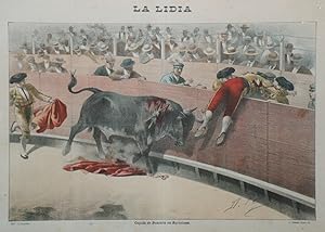 "COGIDA DE BOMBITA BARCELONA" Imagerie originale entoilée pour LA LIDIA (1899) / Typo-litho R. ES...