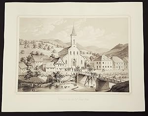 Weisenbach/ Murgtal.- Weissenbach am 24. Juni 1849. Ansicht über die Murg auf Brücke und Kirche. ...