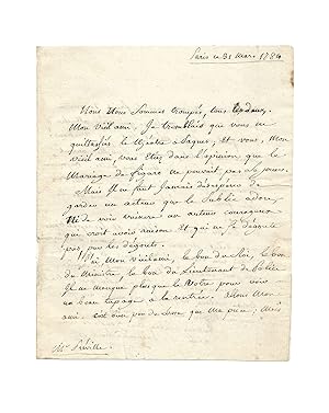 Très rare lettre de Beaumarchais entièrement consacrée au Mariage de Figaro, écrite moins dun mo...
