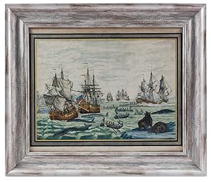 [A Dutch whaling scene].[ca. 1801?]. Illustration 29 x 39 cm; frame 44 x 53 cm. Pen, ink and wate...