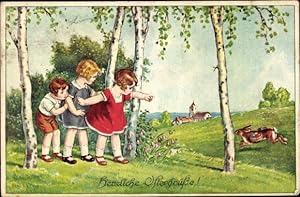 Ansichtskarte / Postkarte Glückwunsch Ostern, Kinder, Birken, Osterhase mit Ostereiern