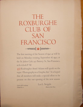 The Roxburghe Club Of San Francisco. The first meeting of the Season of 1940-41 will be held on M...