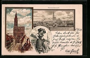 Künstler-Ansichtskarte Carl Münch: Strassburg, Gesamtansicht mit dem Münster, Elsässerin in Tracht