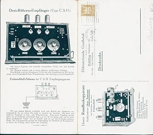 altes Werbeprospekt, Röhrenempfänger Typ C.S.H., elektronische Gesellschaft Heidelberg, 4 Ansichten