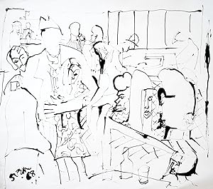 Sven Berlin drawing in ink of a pub scene, large signed drawing. Original Drawing