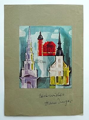 Handmade Christmas card from Hans Unger to Klaus Friedeberger. Colour illustration on card. circa...