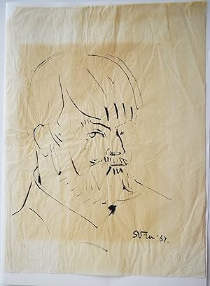 Large self-portrait in ink by Sven Berlin drawn on tissue. Original Drawing