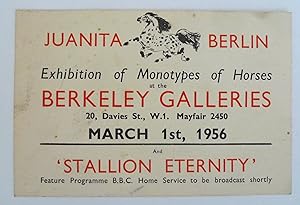 Juanita Berlin. Exhibition of Monotypes of Horses Berkeley Galleries, 20, Davies Street, London M...
