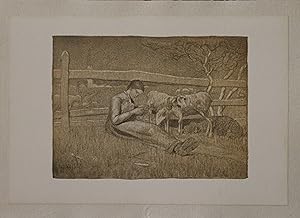"G. SEGANTINI : Bergère et ses moutons" Lithographie originale entoilée de G. SEGANTINI publiée e...