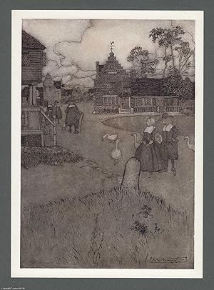 Arthur Rackham: A village scene. An original colour print, c.1905 from the work Rip Van Winkle.