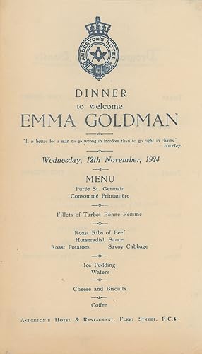 Program for Dinner to Welcome Emma Goldman, Wednesday, November 24, 1924