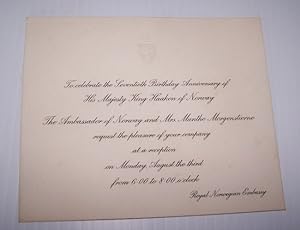 Engraved Invitation to Royal Norwegian Embassy for 70th Birthday Anniversary of His Majesty King ...