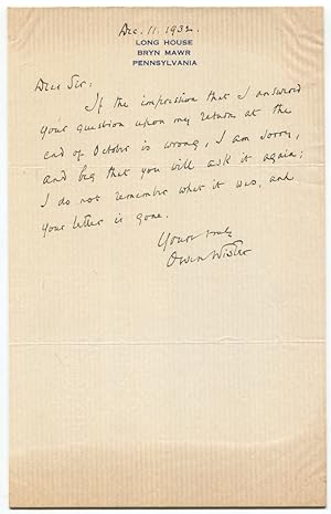 1932 American Writer Owen Wister Autograph Letter Signed