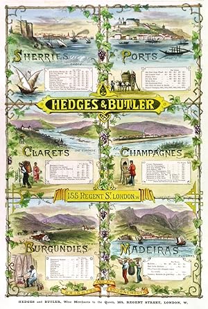 HEDGES & BUTLER. Pictorial advert for the London wine merchants of Sherries, Ports, Clarets, C...