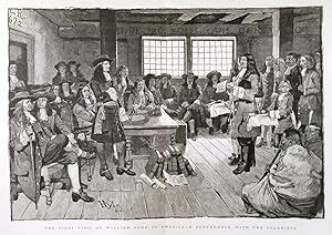THE FIRST VISIT OF WILLIAM PENN TO AMERICA - A CONFERENCE WITH THE COLONISTS. Double page busy ...